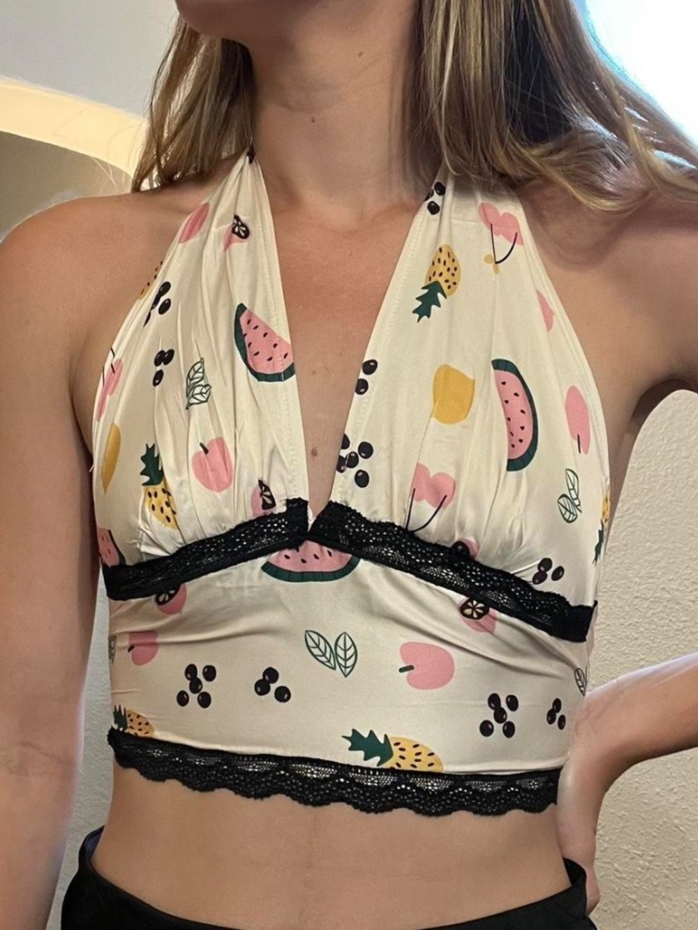 Peppermayo Cream Fruit salad Print Cropped self tie halter top with Black Lace 4